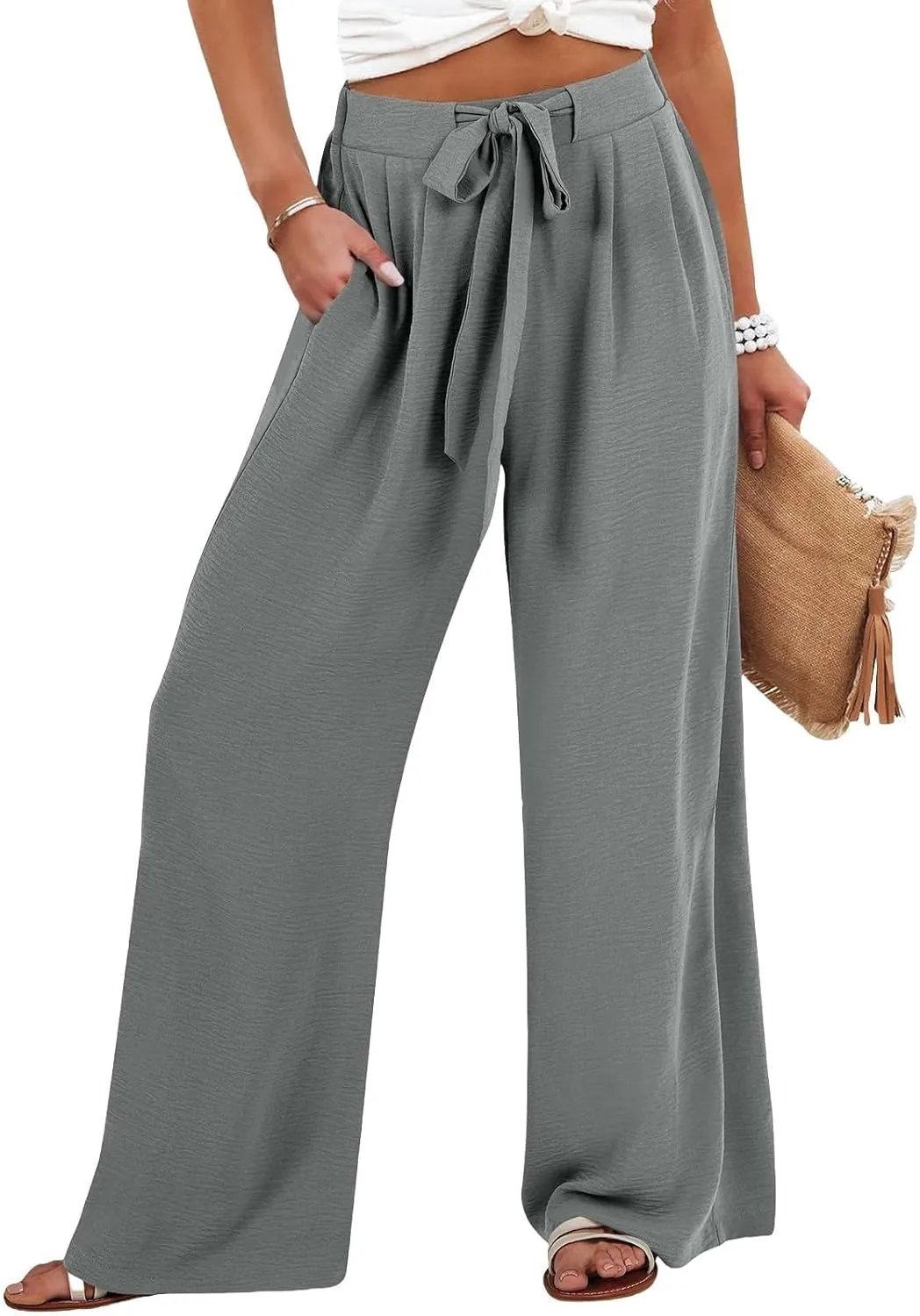 Cotton Linen Pants Women Wide Leg Palazzo Summer High Waist Flowy Casual Trousers Loose Beach Vacation Boho Outfits