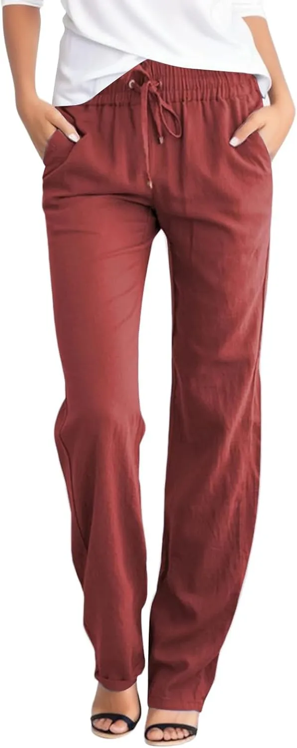 Cotton Linen Pants Womens Casual Long Trousers Lightweight High Waist Summer Pant Straight Leg Trouser Drawstring