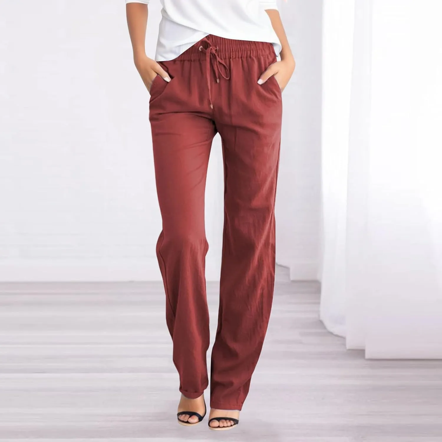 Cotton Linen Pants Womens Casual Long Trousers Lightweight High Waist Summer Pant Straight Leg Trouser Drawstring