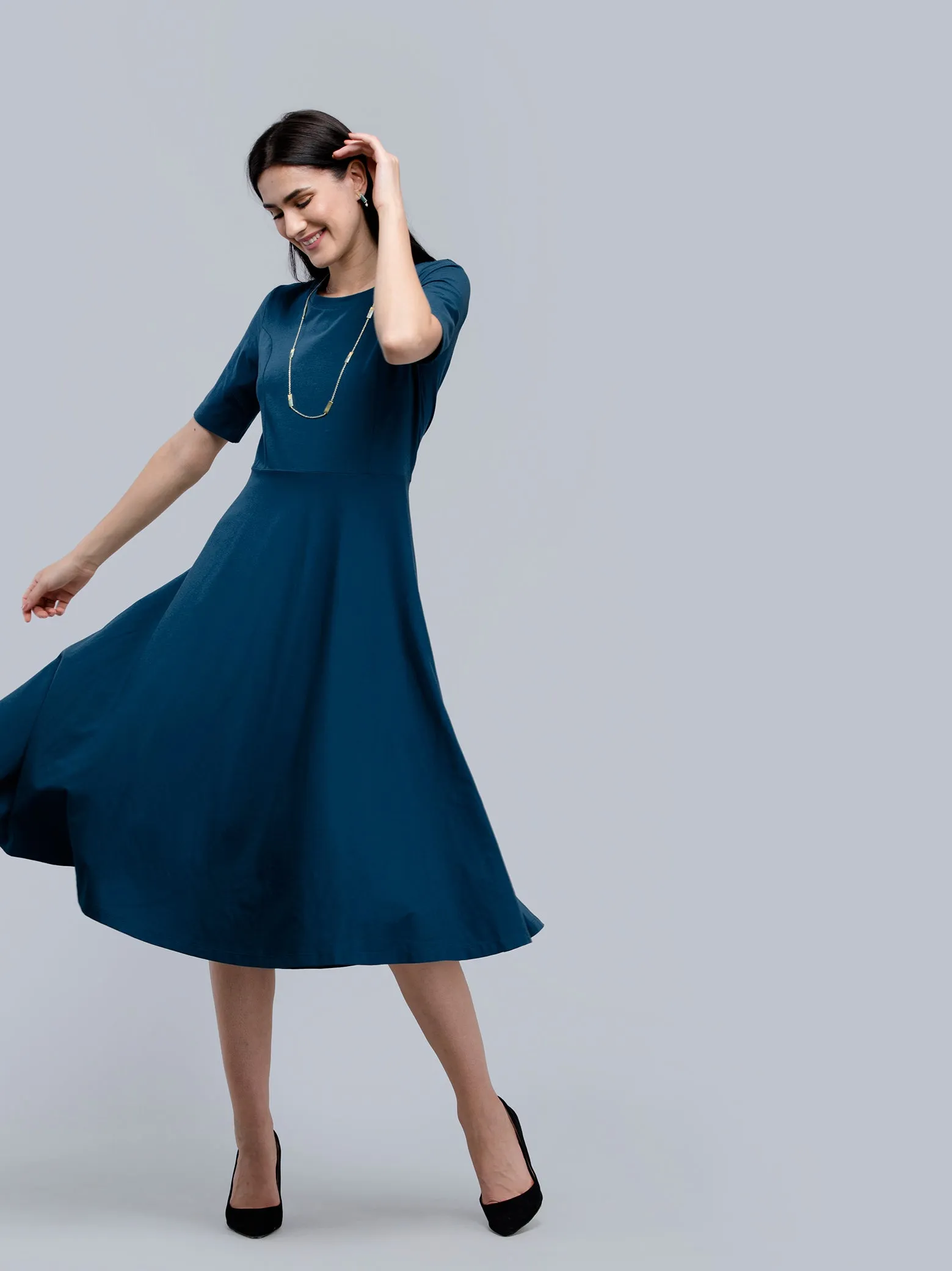 Cotton Round Neck Knitted Fit And Flare Dress - Blue