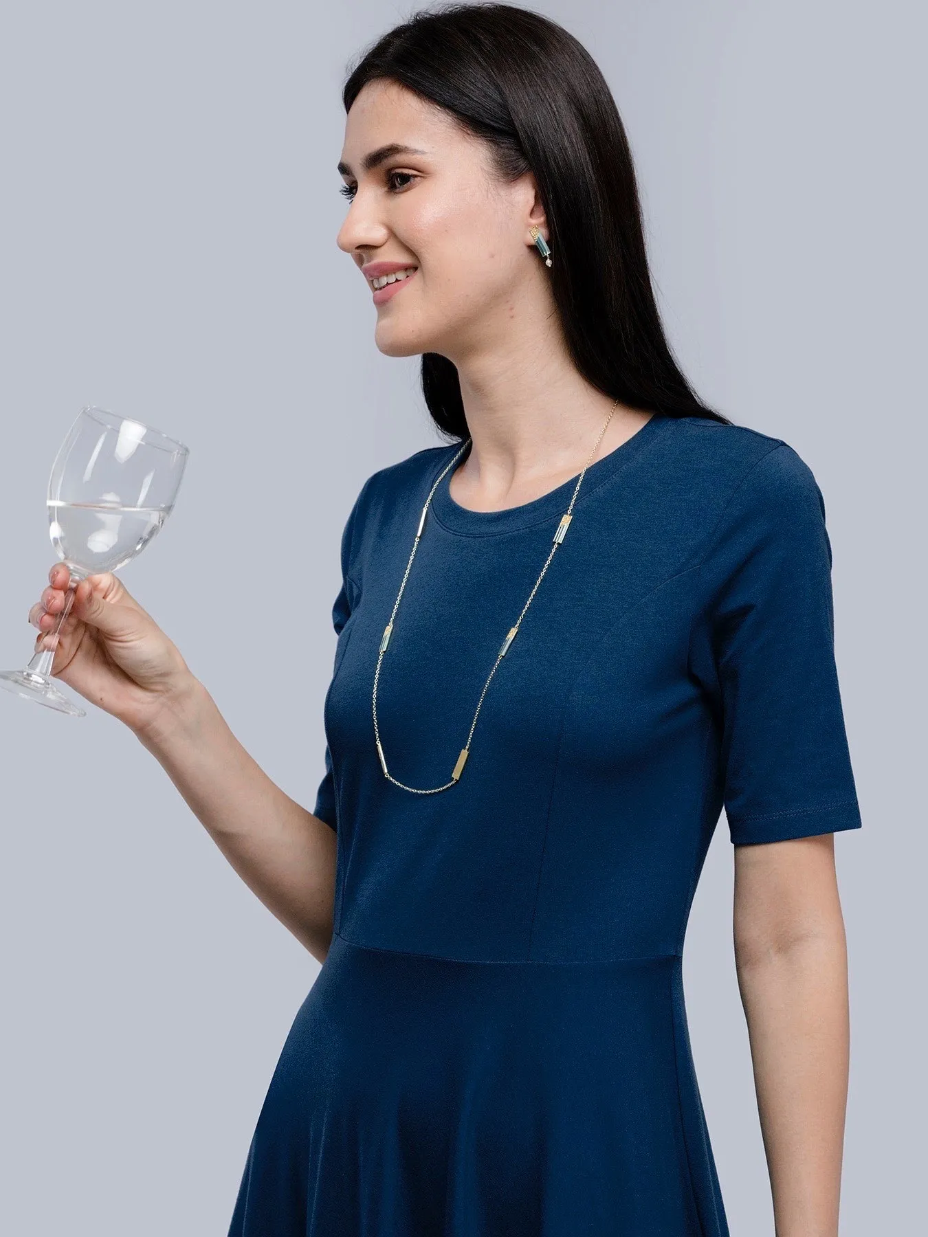 Cotton Round Neck Knitted Fit And Flare Dress - Blue