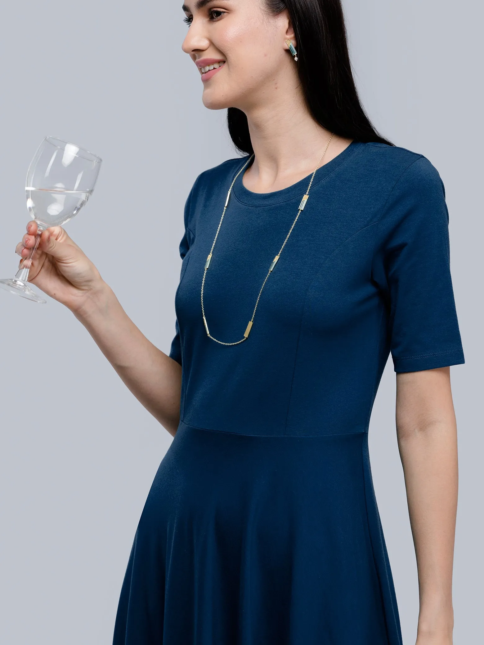 Cotton Round Neck Knitted Fit And Flare Dress - Blue