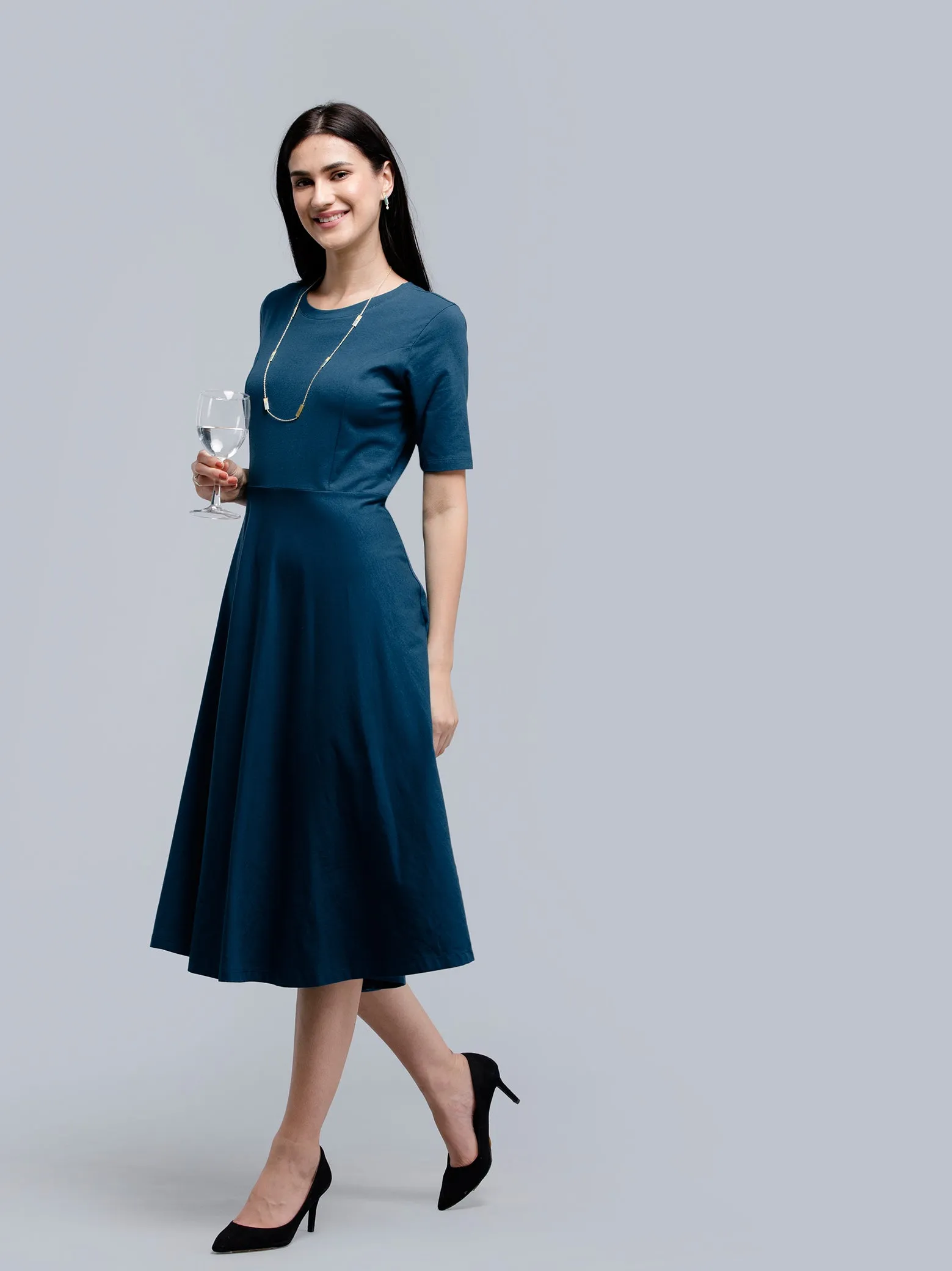 Cotton Round Neck Knitted Fit And Flare Dress - Blue