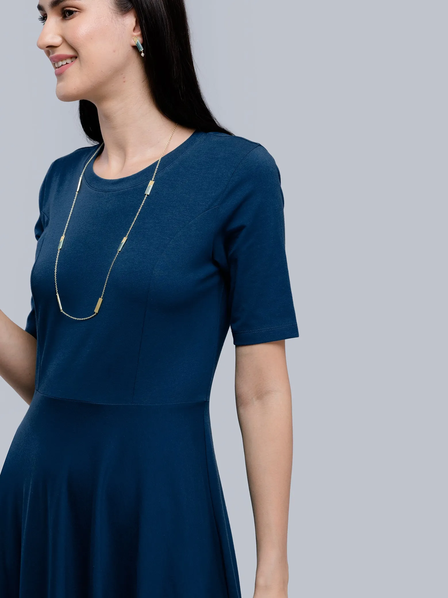 Cotton Round Neck Knitted Fit And Flare Dress - Blue