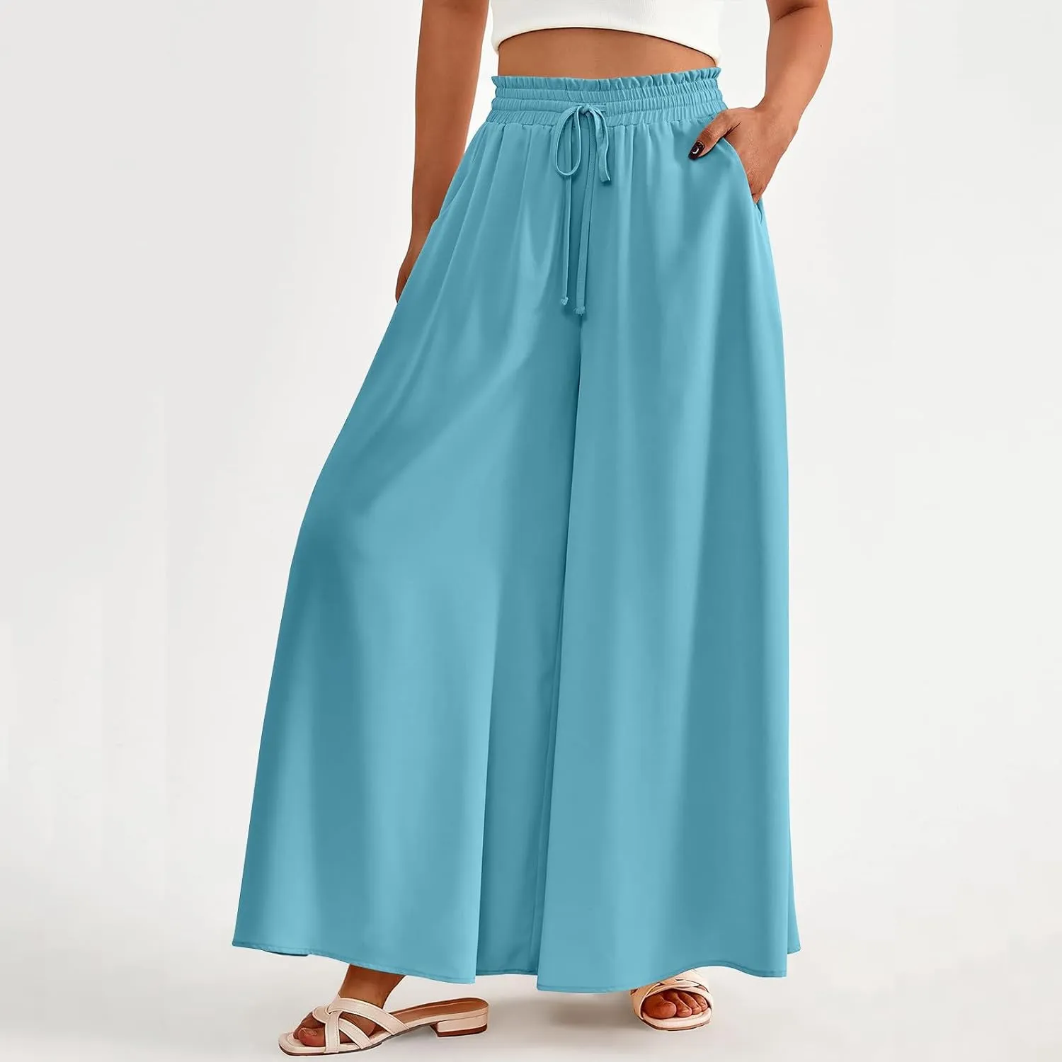 Culottes for Women Casual High Waist Wide Leg Pants Summer Floral Palazzo Pants Lounge Beach Trousers with Pocket