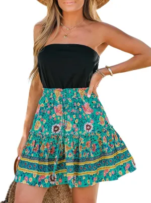 CUPSHE Women's Boho Floral Print Skirts High Waist Drawstring Smocked Ruffle Flowy Mini Skirt
