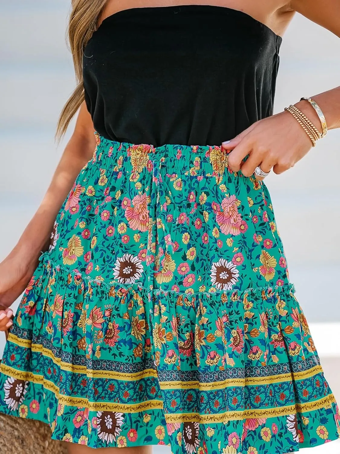CUPSHE Women's Boho Floral Print Skirts High Waist Drawstring Smocked Ruffle Flowy Mini Skirt