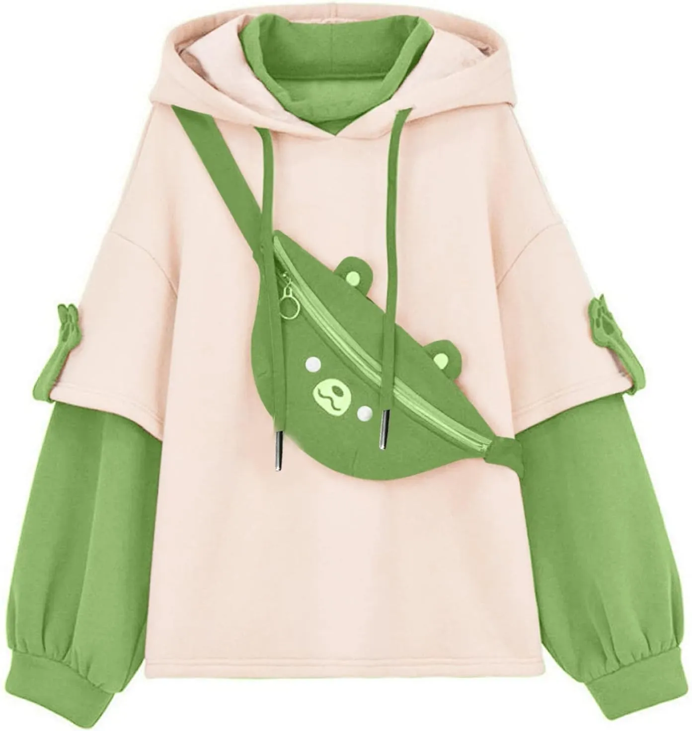 Cute Brown Bear Hoodie for Women Teen Girls Long Sleeve Kawaii Sweatshirts Patchwork Shirt with Cute Personality Bag