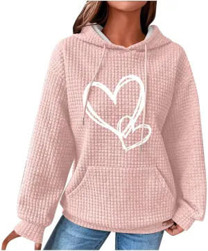 Cute Graphic Hoodies For Women Long Sleeve Heart Print Pullover Tops Oversized Long Sleeve Hooded Waffle Sweatshirt