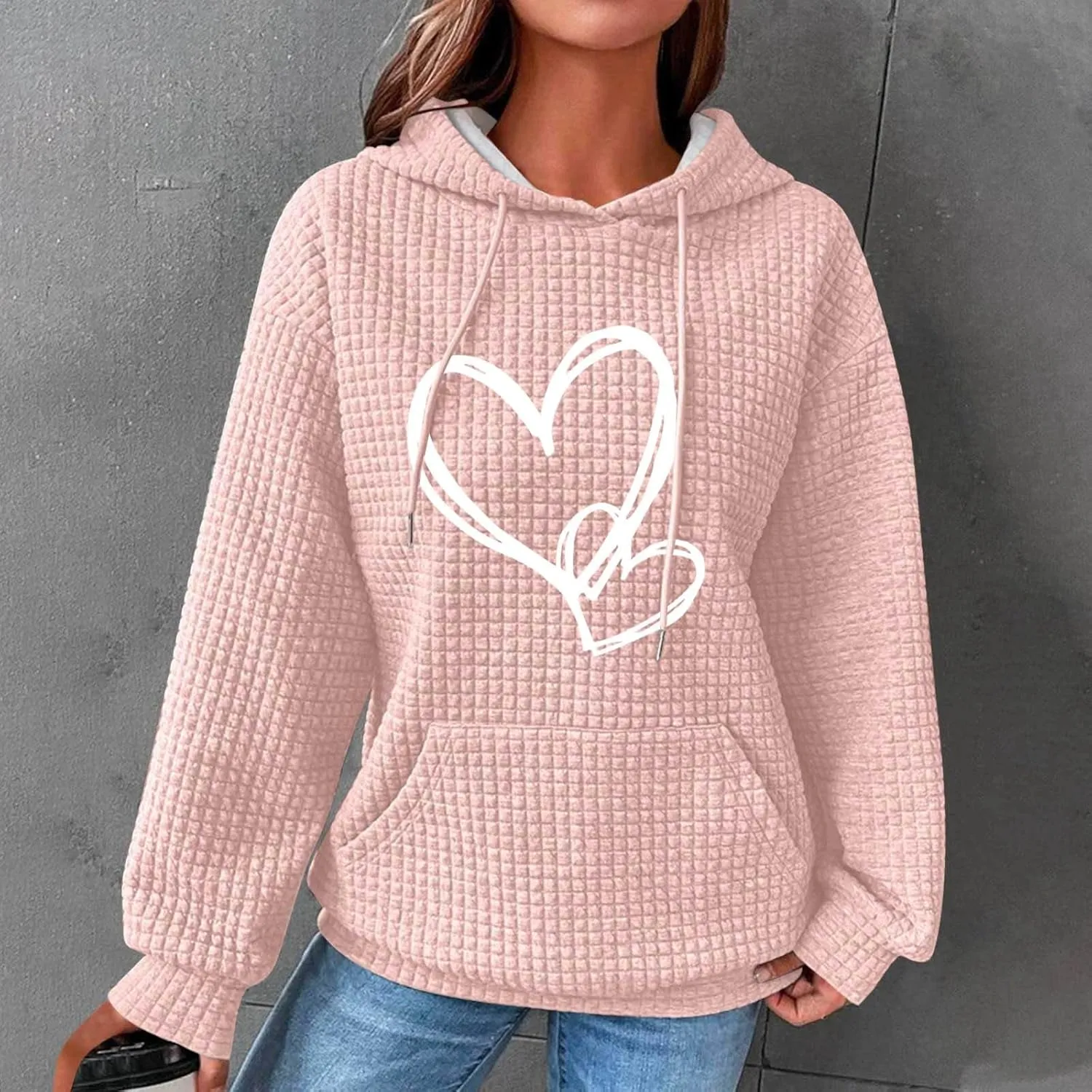 Cute Graphic Hoodies For Women Long Sleeve Heart Print Pullover Tops Oversized Long Sleeve Hooded Waffle Sweatshirt