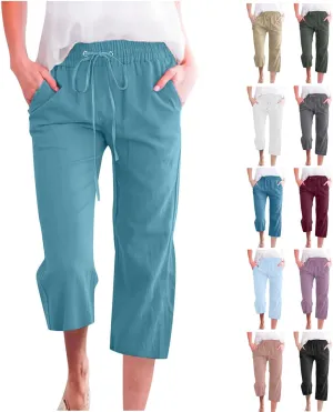 Deal of The Day Today,Capri Pants for Women Casual Summer Cotton Linen Capris Drawstring Elastic High Waist Pants Wide Leg Cropped Trouser