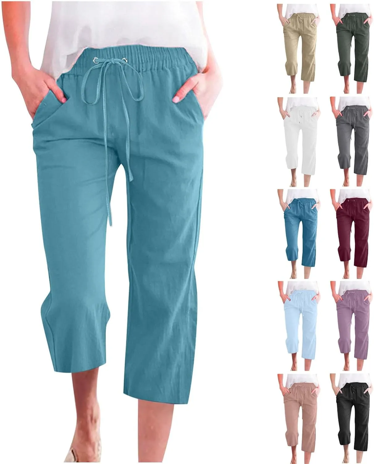 Deal of The Day Today,Capri Pants for Women Casual Summer Cotton Linen Capris Drawstring Elastic High Waist Pants Wide Leg Cropped Trouser