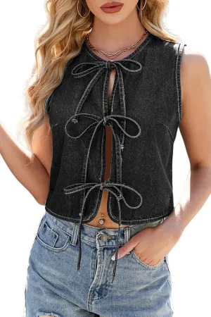 Denim Jean Vest Top for Women Summer Lightweight Sleeveless Tie Up Front Crop Jean Tank Tops Waistcoat Jacket Y2K