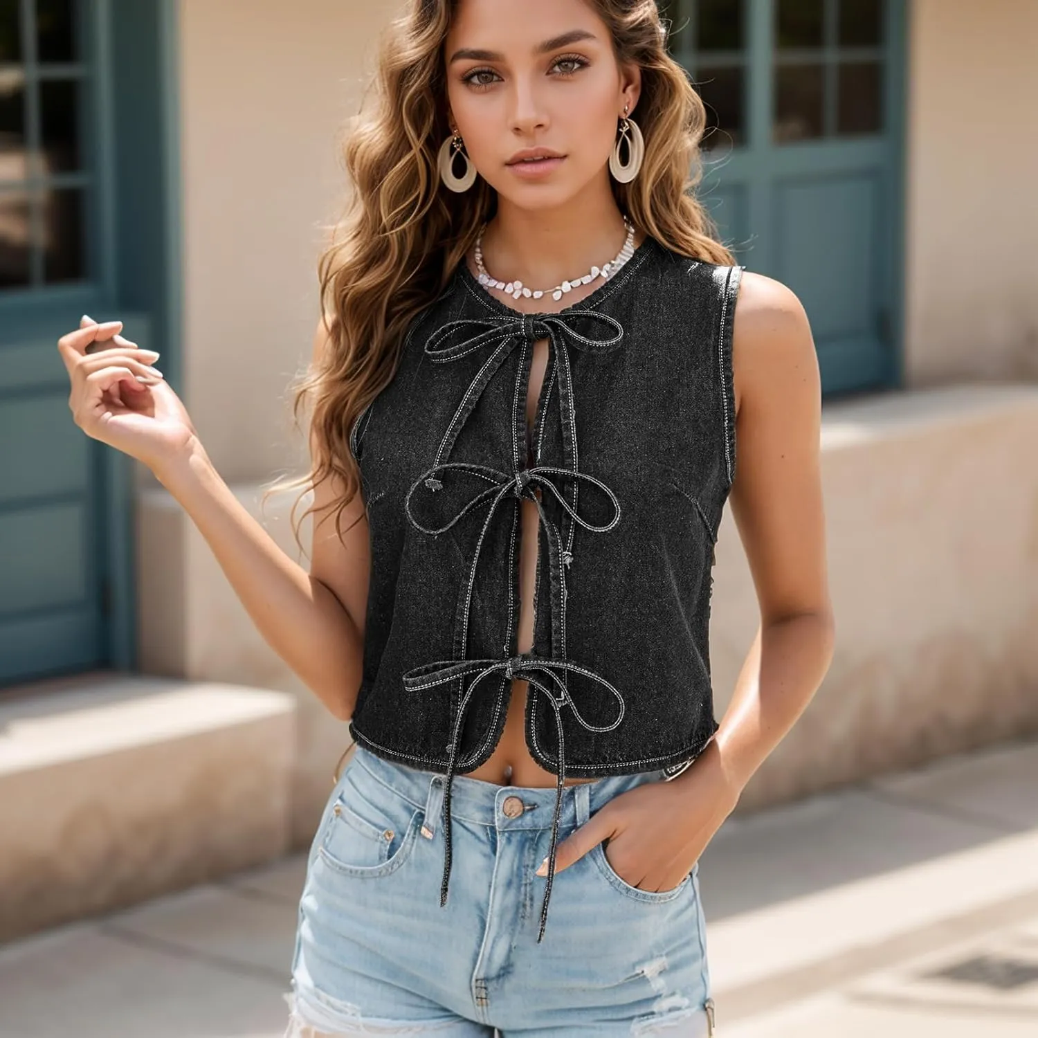 Denim Jean Vest Top for Women Summer Lightweight Sleeveless Tie Up Front Crop Jean Tank Tops Waistcoat Jacket Y2K