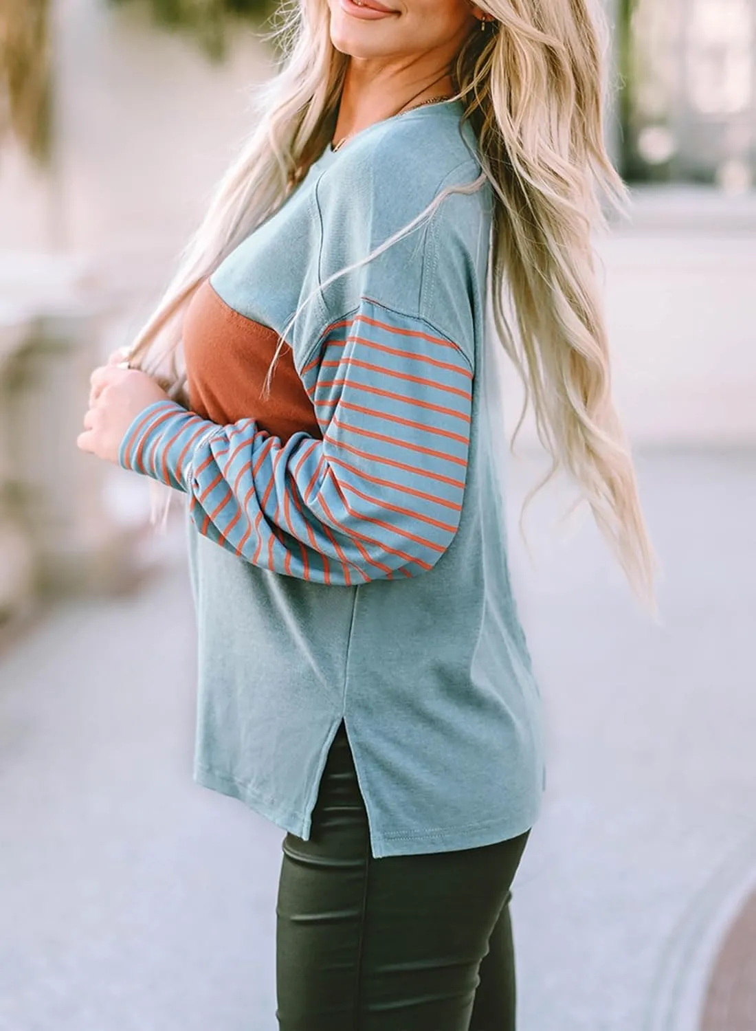 Dokotoo Long Sleeve Spring Tops Oversized 2025 Trendy Round Crew Neck Casual Color Block Womens Shirts Blouses