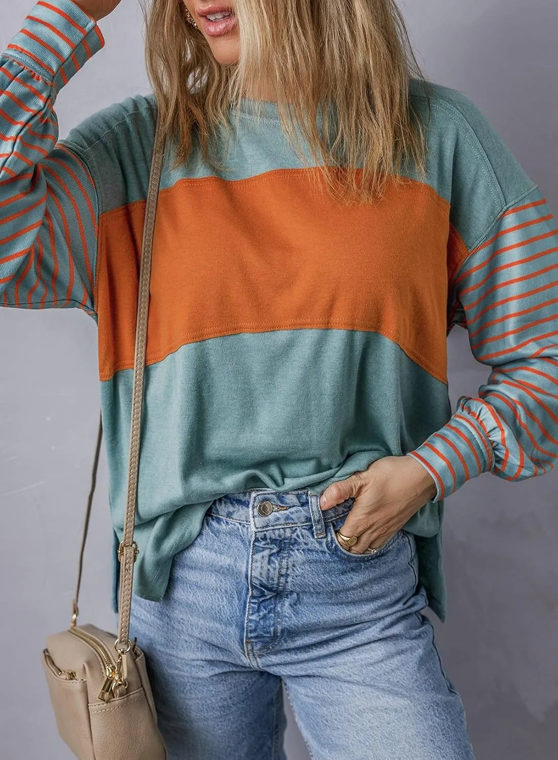 Dokotoo Long Sleeve Spring Tops Oversized 2025 Trendy Round Crew Neck Casual Color Block Womens Shirts Blouses