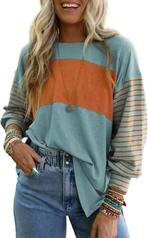 Dokotoo Long Sleeve Spring Tops Oversized 2025 Trendy Round Crew Neck Casual Color Block Womens Shirts Blouses