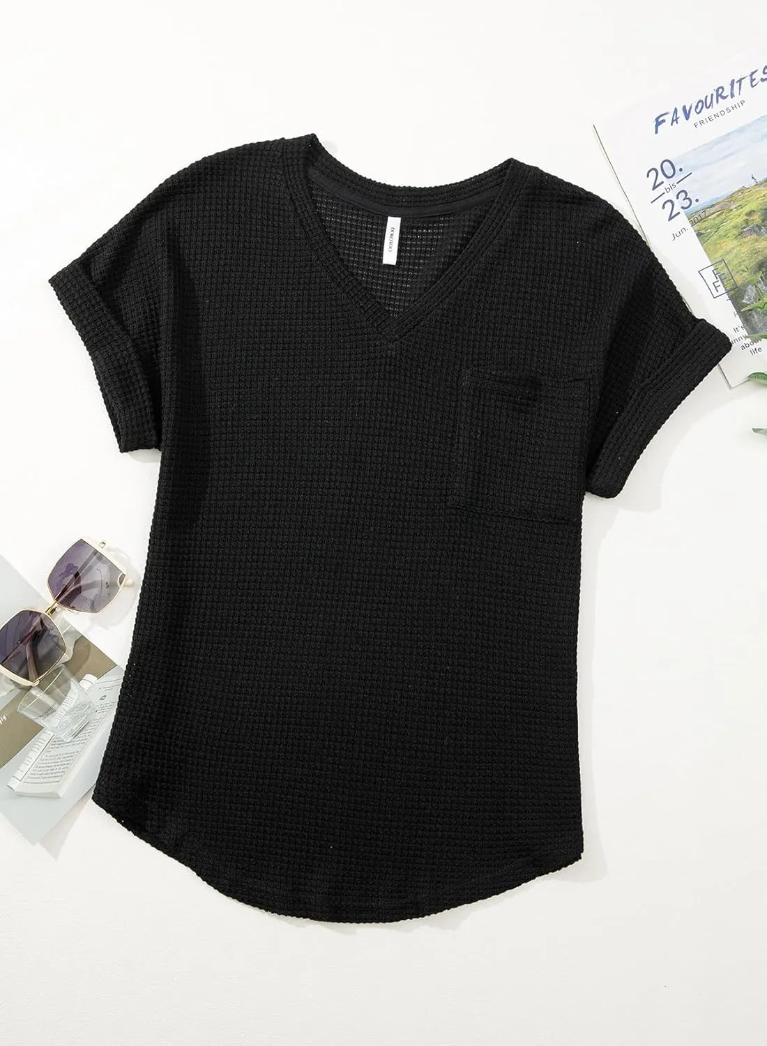 Dokotoo Womens Waffle Knit Tops 2025 Spring Summer V Neck Shirts Casual Trendy Women's Blouses Basic Tee