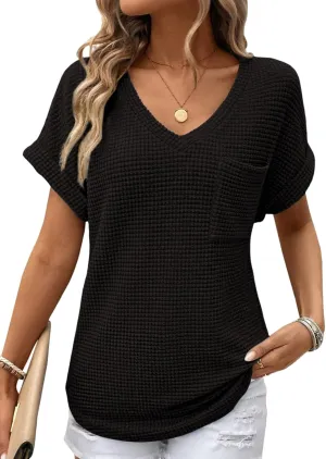 Dokotoo Womens Waffle Knit Tops 2025 Spring Summer V Neck Shirts Casual Trendy Women's Blouses Basic Tee