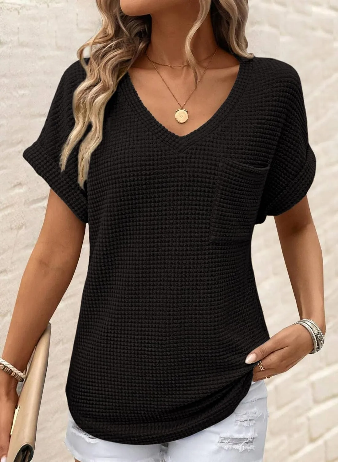 Dokotoo Womens Waffle Knit Tops 2025 Spring Summer V Neck Shirts Casual Trendy Women's Blouses Basic Tee