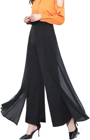 Double Plus Open Womens Chiffon High Waist Palazzo Dressy Pants Flare Elastic Waist Culottes Trousers Pant