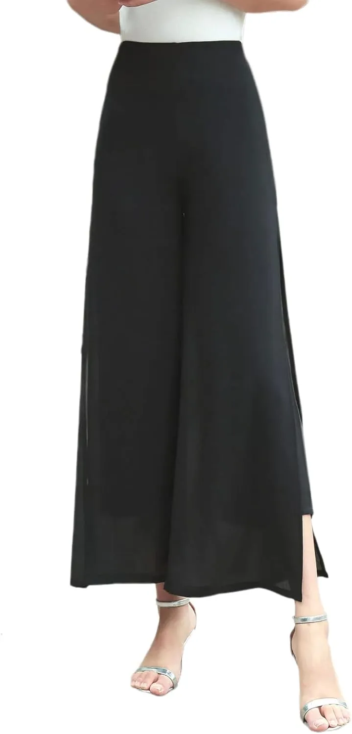 Double Plus Open Womens Chiffon High Waist Palazzo Dressy Pants Flare Elastic Waist Culottes Trousers Pant