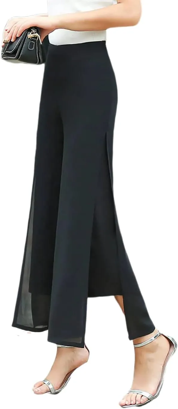 Double Plus Open Womens Chiffon High Waist Palazzo Dressy Pants Flare Elastic Waist Culottes Trousers Pant