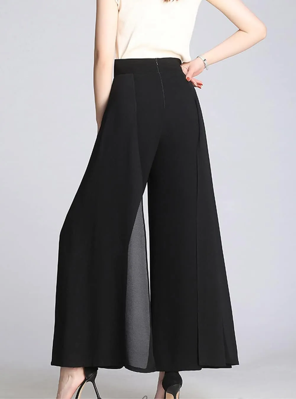 Double Plus Open Womens Chiffon High Waist Palazzo Dressy Pants Flare Elastic Waist Culottes Trousers Pant