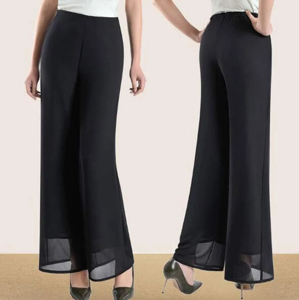 Double Plus Open Womens Chiffon High Waist Palazzo Dressy Pants Flare Elastic Waist Culottes Trousers Pant