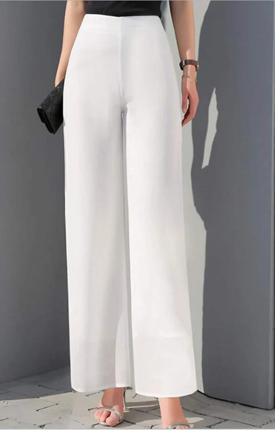 Double Plus Open Womens Chiffon High Waist Palazzo Dressy Pants Flare Elastic Waist Culottes Trousers Pant