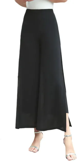 Double Plus Open Womens Chiffon High Waist Palazzo Dressy Pants Flare Elastic Waist Culottes Trousers Pant
