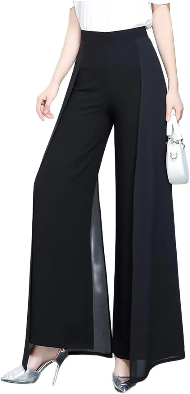Double Plus Open Womens Chiffon High Waist Palazzo Dressy Pants Flare Elastic Waist Culottes Trousers Pant