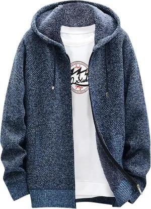 DuDubaby Fleece Lined Hoodie for Men Fall and Winter Casual Sweater Jacket Warm Knit Sweater Hooded Hoodie