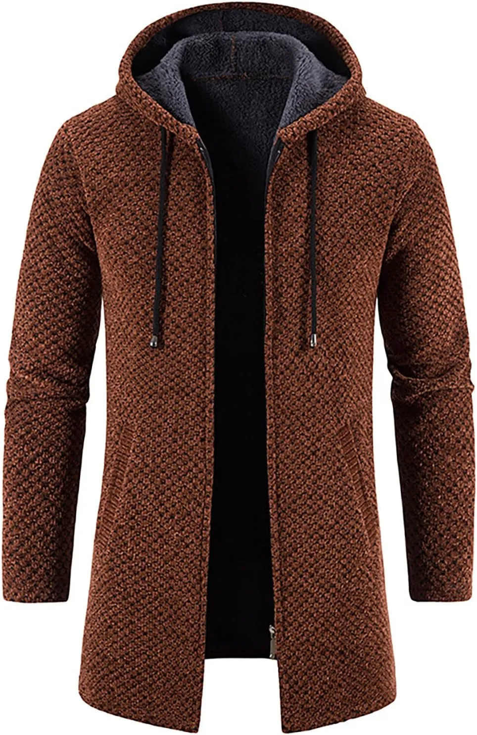 DuDubaby Men Polyester Sweatshirt Hooded Plush Plaid Knitting Drawstring Coat Sweater Warm Solid Color Jackets Tops
