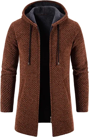 DuDubaby Men Polyester Sweatshirt Hooded Plush Plaid Knitting Drawstring Coat Sweater Warm Solid Color Jackets Tops