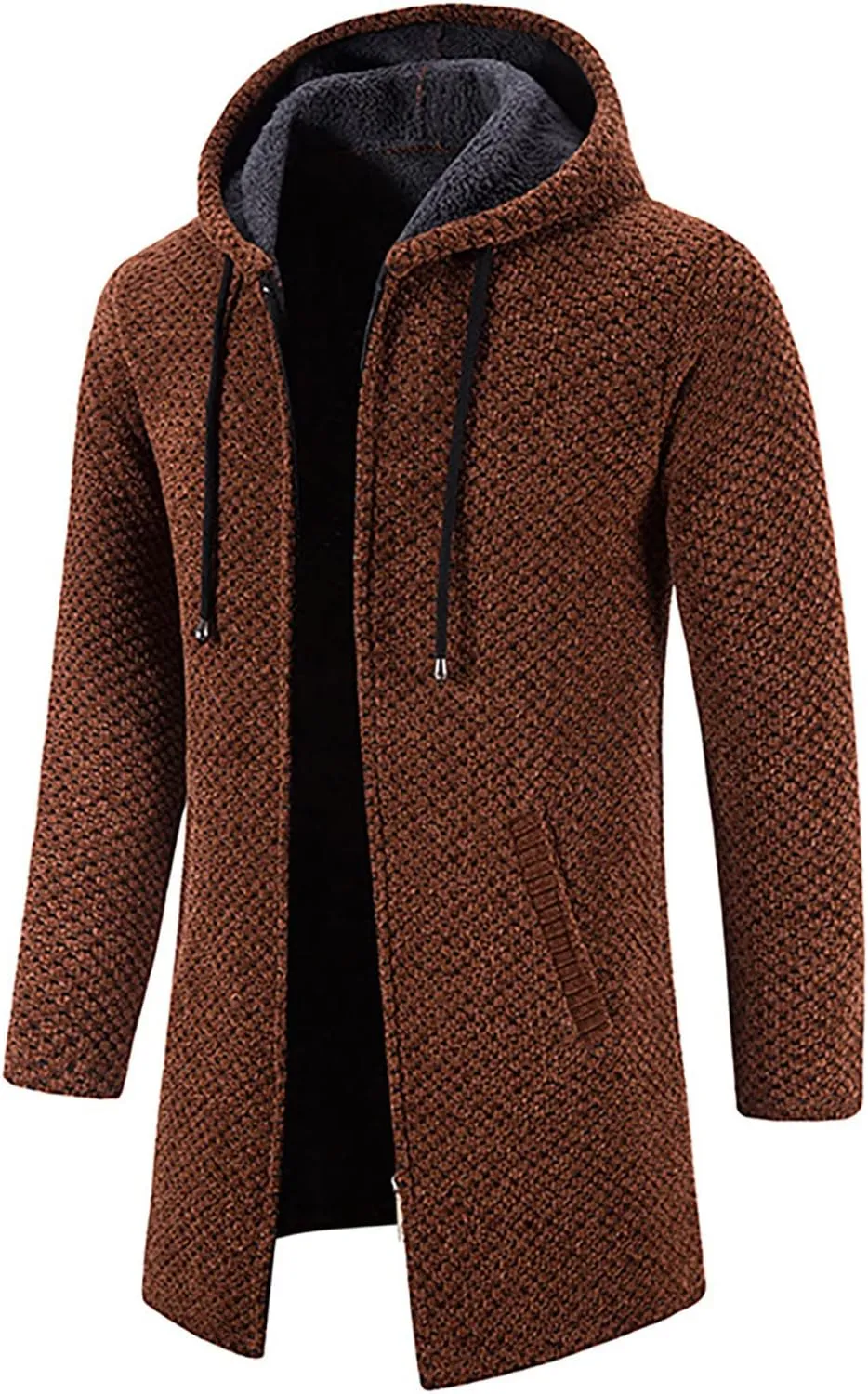 DuDubaby Men Polyester Sweatshirt Hooded Plush Plaid Knitting Drawstring Coat Sweater Warm Solid Color Jackets Tops