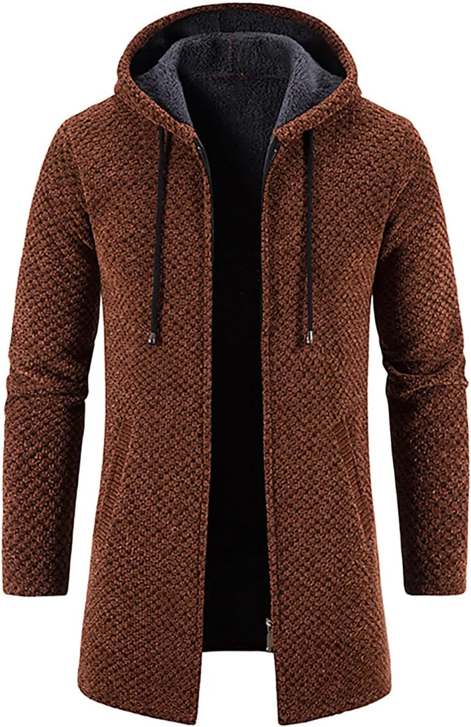 DuDubaby Men Polyester Sweatshirt Hooded Plush Plaid Knitting Drawstring Coat Sweater Warm Solid Color Jackets Tops