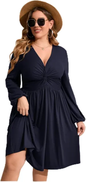 Elegant V-Neck Long Sleeve Plus Size Dress with Front Knot Detail - Wine, 5XL