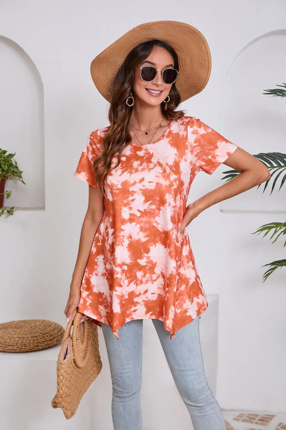 ENMAIN Tunic Tops for Women Plus Size Short Sleeve Top Loose Fit Dressy Casual Swing Summer Tunics Tops to Wear with Leggings