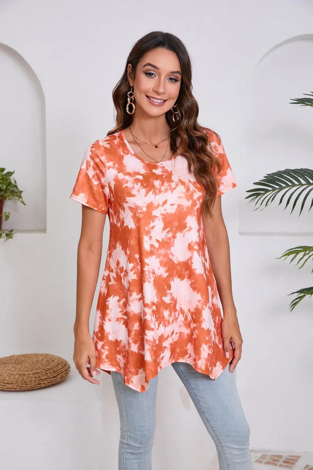 ENMAIN Tunic Tops for Women Plus Size Short Sleeve Top Loose Fit Dressy Casual Swing Summer Tunics Tops to Wear with Leggings