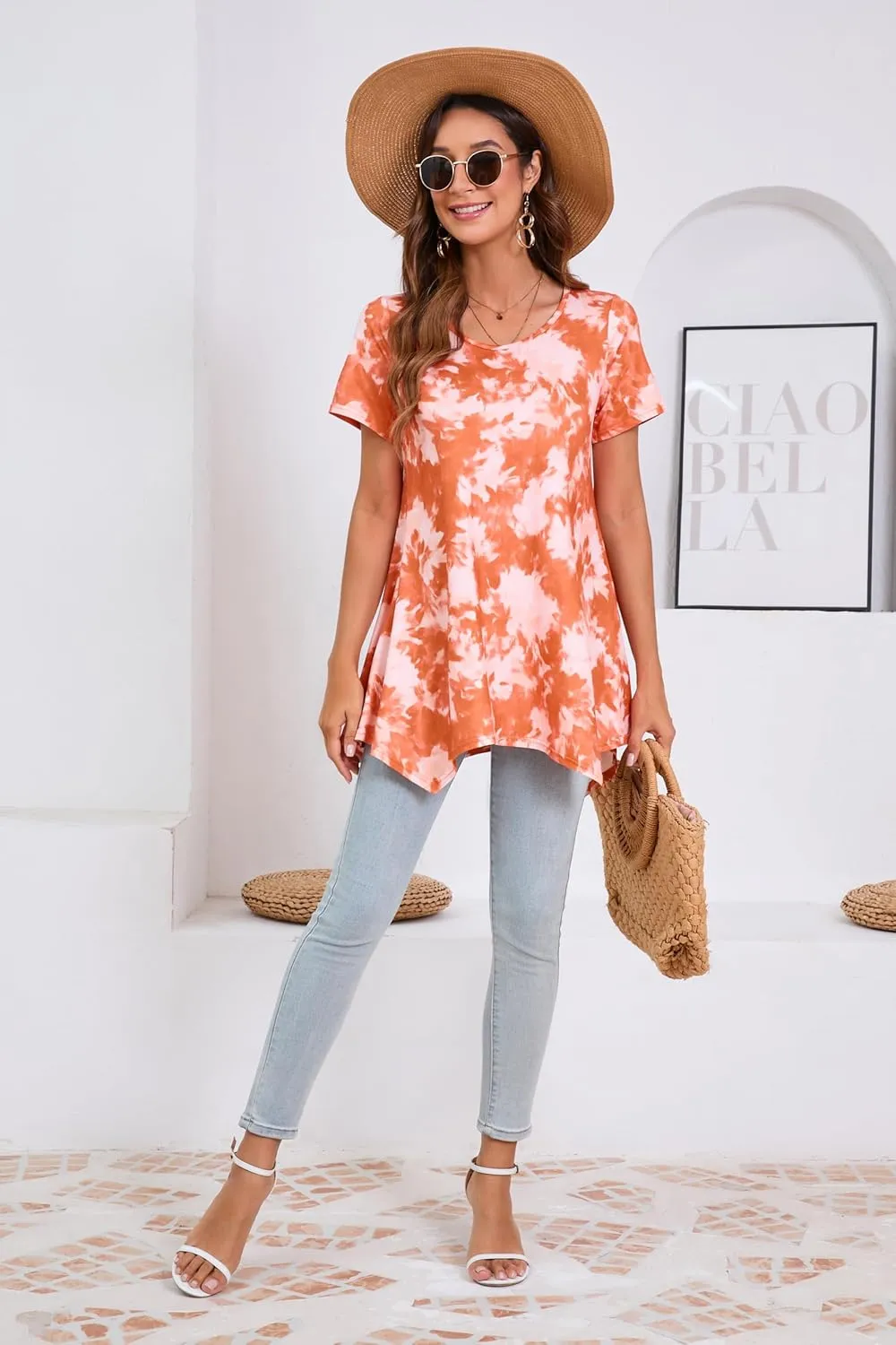 ENMAIN Tunic Tops for Women Plus Size Short Sleeve Top Loose Fit Dressy Casual Swing Summer Tunics Tops to Wear with Leggings