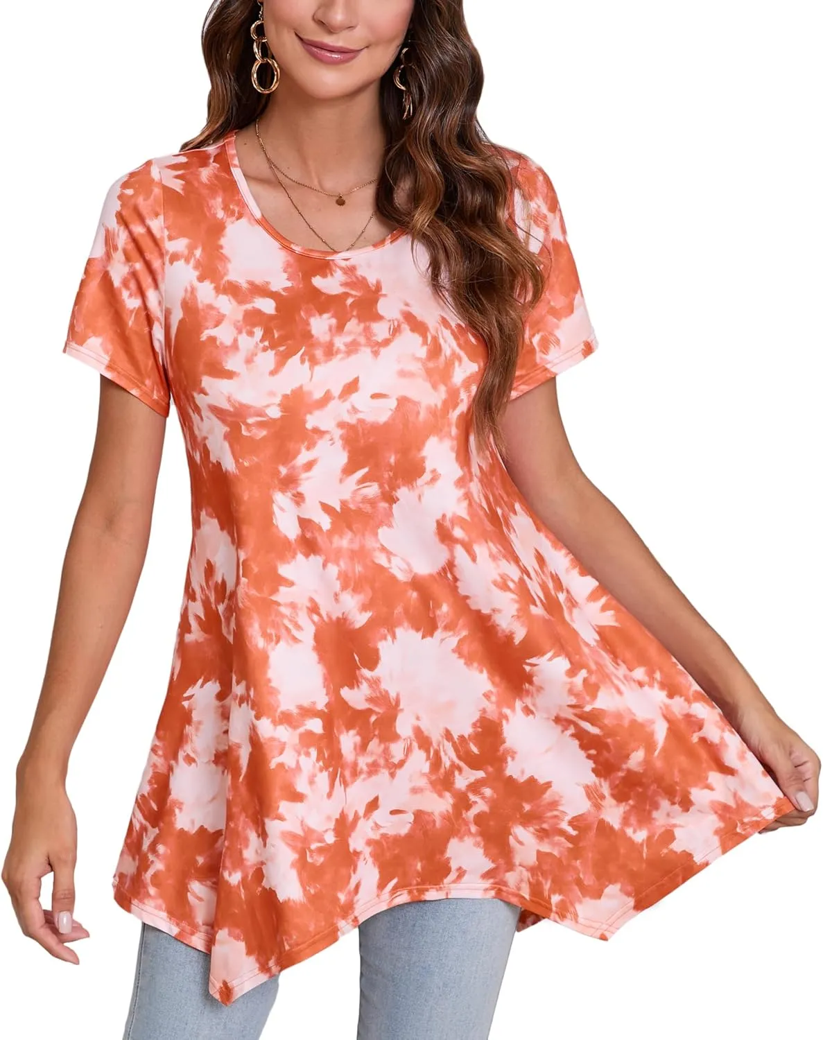 ENMAIN Tunic Tops for Women Plus Size Short Sleeve Top Loose Fit Dressy Casual Swing Summer Tunics Tops to Wear with Leggings