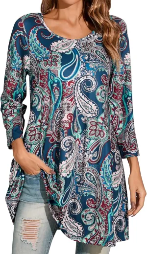 ENMAIN Women's Tops 3/4 Sleeve Dressy Casual Plus Size Tunic Tops to Wear with Leggings Swing Flare T-Shirt Loose Fit Blouses