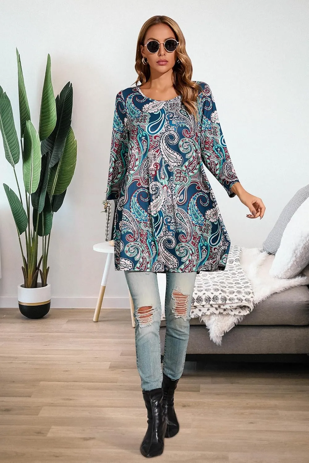 ENMAIN Women's Tops 3/4 Sleeve Dressy Casual Plus Size Tunic Tops to Wear with Leggings Swing Flare T-Shirt Loose Fit Blouses