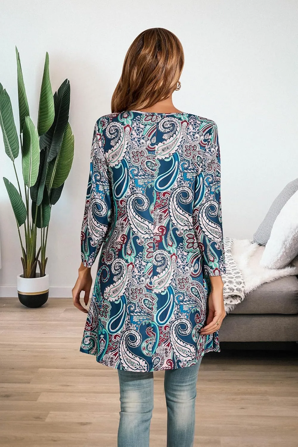 ENMAIN Women's Tops 3/4 Sleeve Dressy Casual Plus Size Tunic Tops to Wear with Leggings Swing Flare T-Shirt Loose Fit Blouses