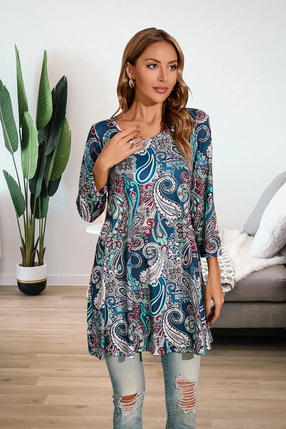 ENMAIN Women's Tops 3/4 Sleeve Dressy Casual Plus Size Tunic Tops to Wear with Leggings Swing Flare T-Shirt Loose Fit Blouses