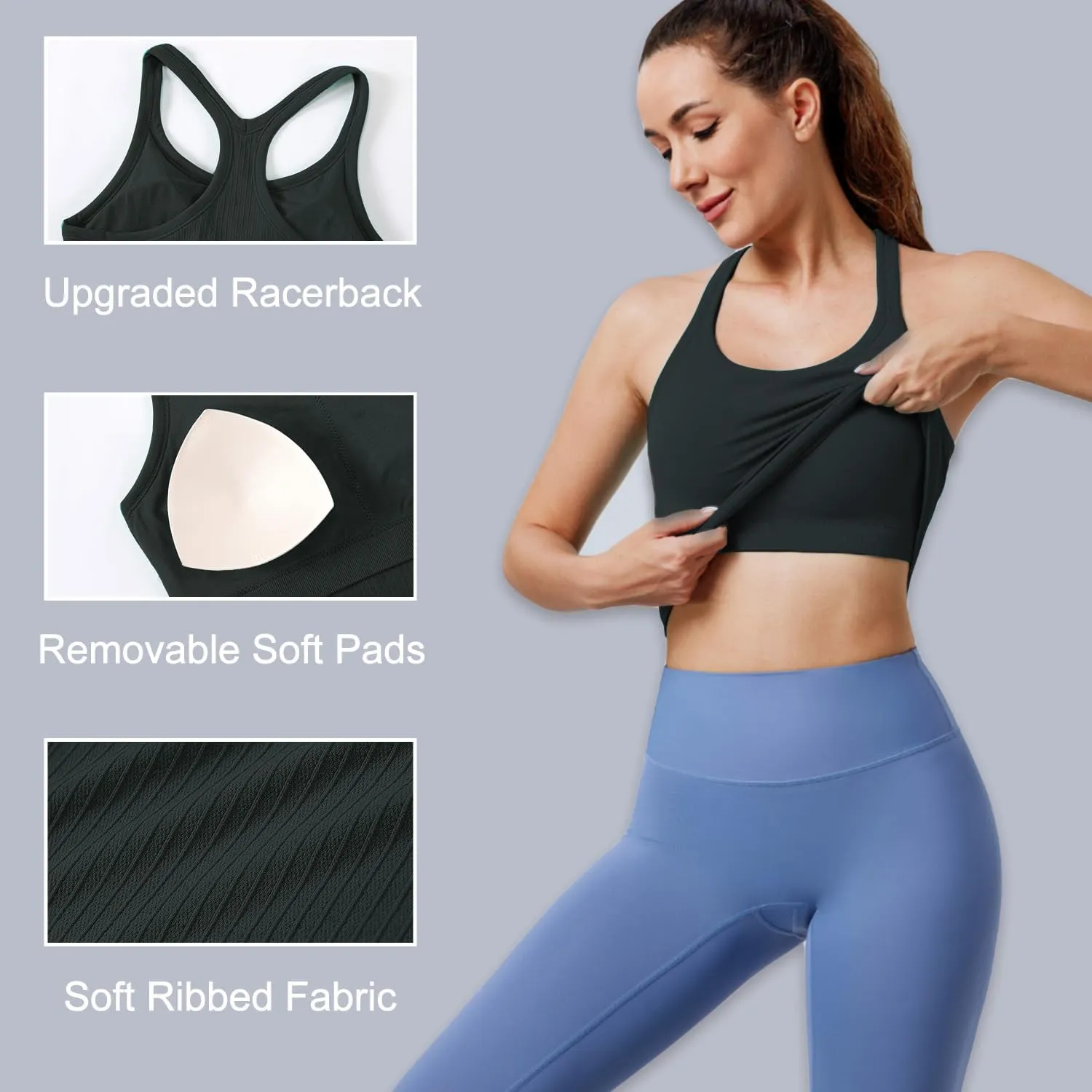Evercute Women's 1/2/3 Pack Ribbed Workout Tank Tops with Built in Bra Racerback Seamless Crop Tank Tops Camisole Sport Tanks