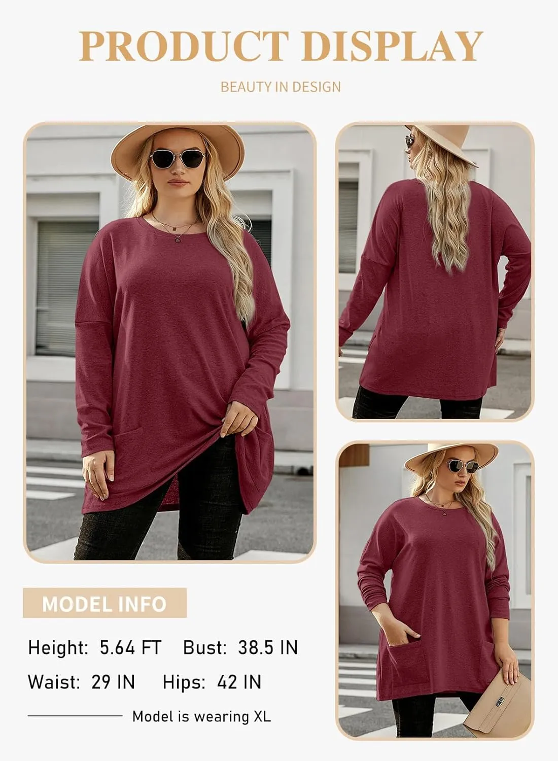 Eytino Womens Plus Size Long Sleeve Tops Crewneck Lightweight Sweatshirt Loose Casual Oversized T Shirts with Pockets(1X-5X)