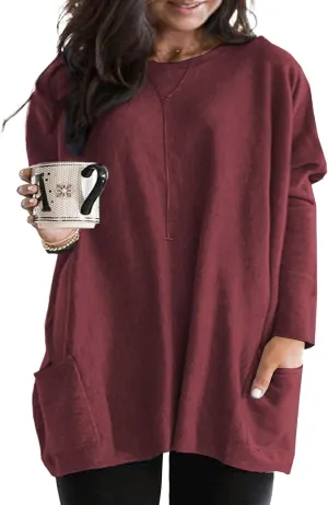 Eytino Womens Plus Size Long Sleeve Tops Crewneck Lightweight Sweatshirt Loose Casual Oversized T Shirts with Pockets(1X-5X)