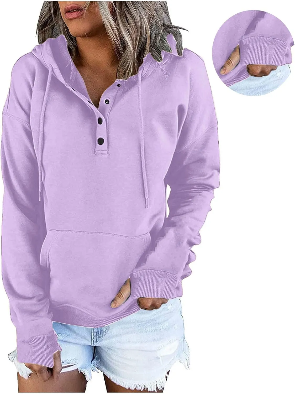 Fall Hoodies for Women Fashion 2023 Button Down Thumb Hole Hooded Sweatshirt Casual Pullover Tops with Kangaroo Pocket